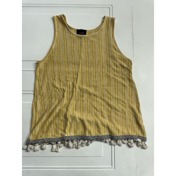 Anthropologie W5 Yellow Striped Tank Top Black Trim White Tassel Fringe Size M - Picture 1 of 7